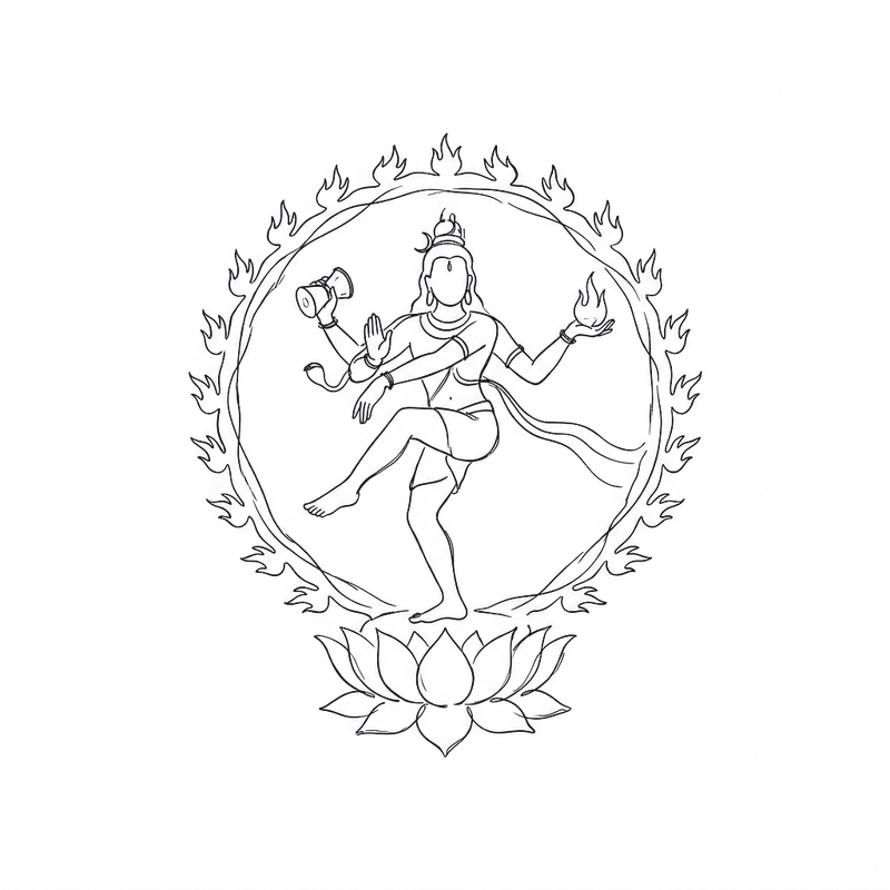 Line drawing of dancing Shiva Nataraja within a ring of flames